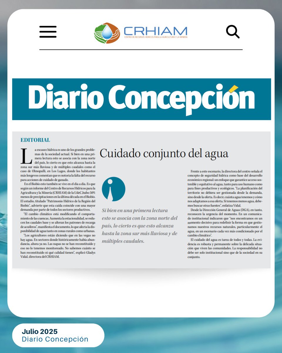 📰 #PrensaCRHIAM: “Cuidado conjunto del agua”

📉 La escasez hídrica ya no es solo un problema del norte: en regiones como Biobío y Los Lagos, el agua comienza a faltar incluso en zonas históricamente abundantes.

🔎 Revisa la editorial y y reflexiona sobre la discusión hídrica.