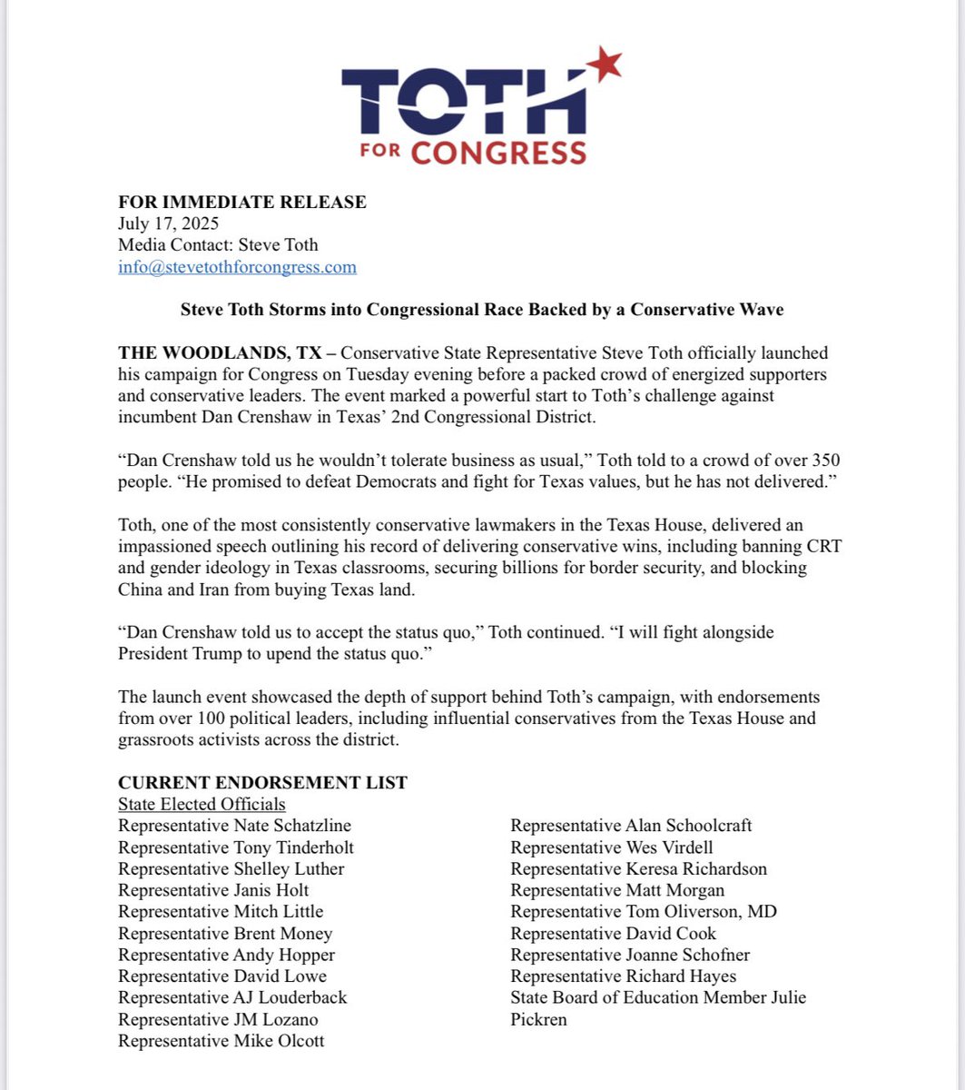 SteveTothTX's tweet image. So very thankful for over 100 faith & community leaders and elected officials that have given me their endorsement.