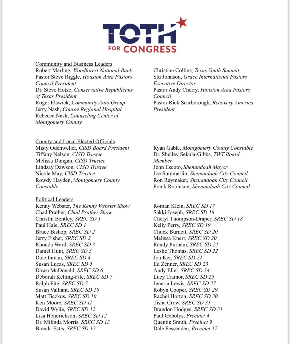 SteveTothTX's tweet image. So very thankful for over 100 faith & community leaders and elected officials that have given me their endorsement.