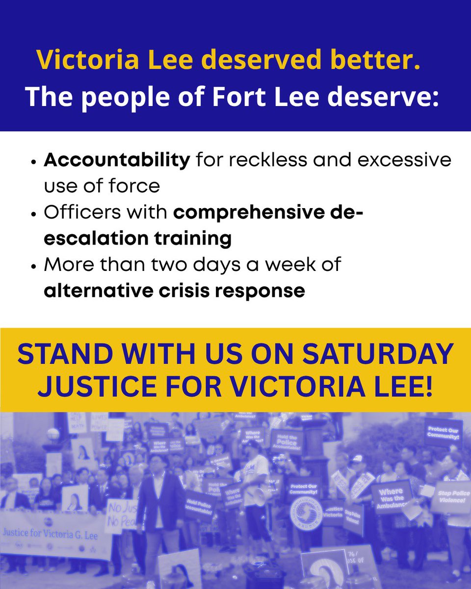 aapinewjersey's tweet image. ✊Justice for Victoria. Safety for Fort Lee. Join us this Saturday to demand accountability and systemic change following no charges for the police who killed a 25 y.o. experiencing a mental health crisis. 📢
Saturday, July 19, 1PM
Hudson Lights Park
183 Main Street, Fort Lee
