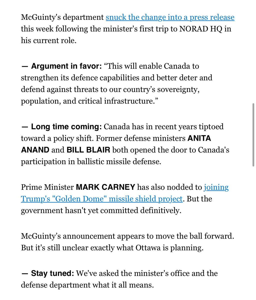 MickeyDjuric's tweet image. Defense Minister David McGuinty quietly removed all of Canada's restrictions on air and missile defense — a potential reversal of a decades-old policy
politico.com/newsletters/ca…