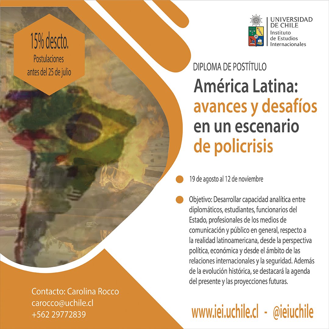 ieiuchile's tweet image. 📌 ¡ Atención! Tenemos un 15% de descuento en los diplomados del @ieiuchile postulando antes del 25 de julio.
Revisa nuestros programas de estudio e impulsa tu carrea: iei.uchile.cl/postgrado