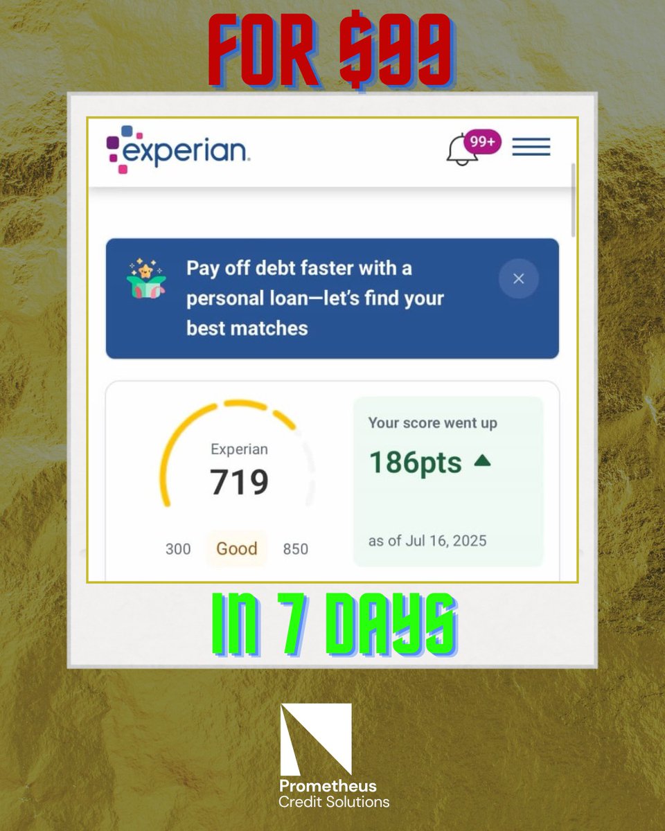 Iamquentin007's tweet image. 186 POINTS UP IN JUST 7 DAYS
Credit score went vroom vroom — not a drill!
From stuck to speed in ONE WEEK.
Want results like this? Let’s fix your credit fast.

DM us to get started.
#CreditBoost #ScoreUp #CreditRepair #PrometheusCreditFix #FastResults #VroomVroomFix