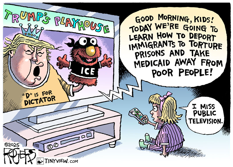 Rob_Rogers's tweet image. Trump's latest act as Dear Leader of Congress was to push through legislation that pulls back spending that was already approved, including funding for the Corporation for Public Broadcasting. #Trump #PBS #Elmo #SesameStreet #PublicTelevision #Congress #Medicaid #Immigration