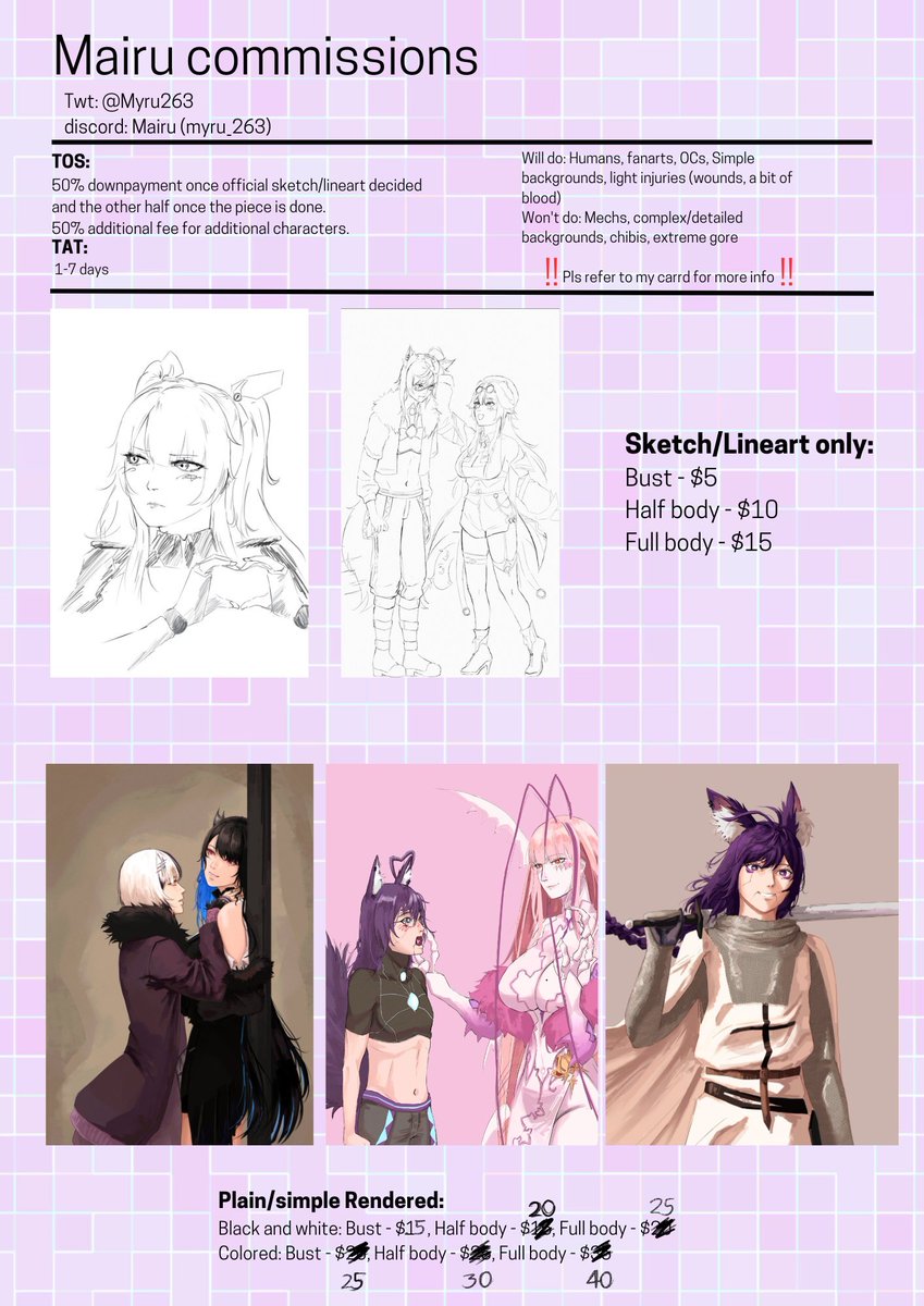 Myru263's tweet image. 🗣️OPEN FOR COMMISSIONS 📷 
Contact me to inquire:  
- dm here twitter  
- dm in discord: myru_263 (reply to any recent  post/tweets I have if u dm&apos;d me there)   
*may not be able to reply immediately due to time zones*