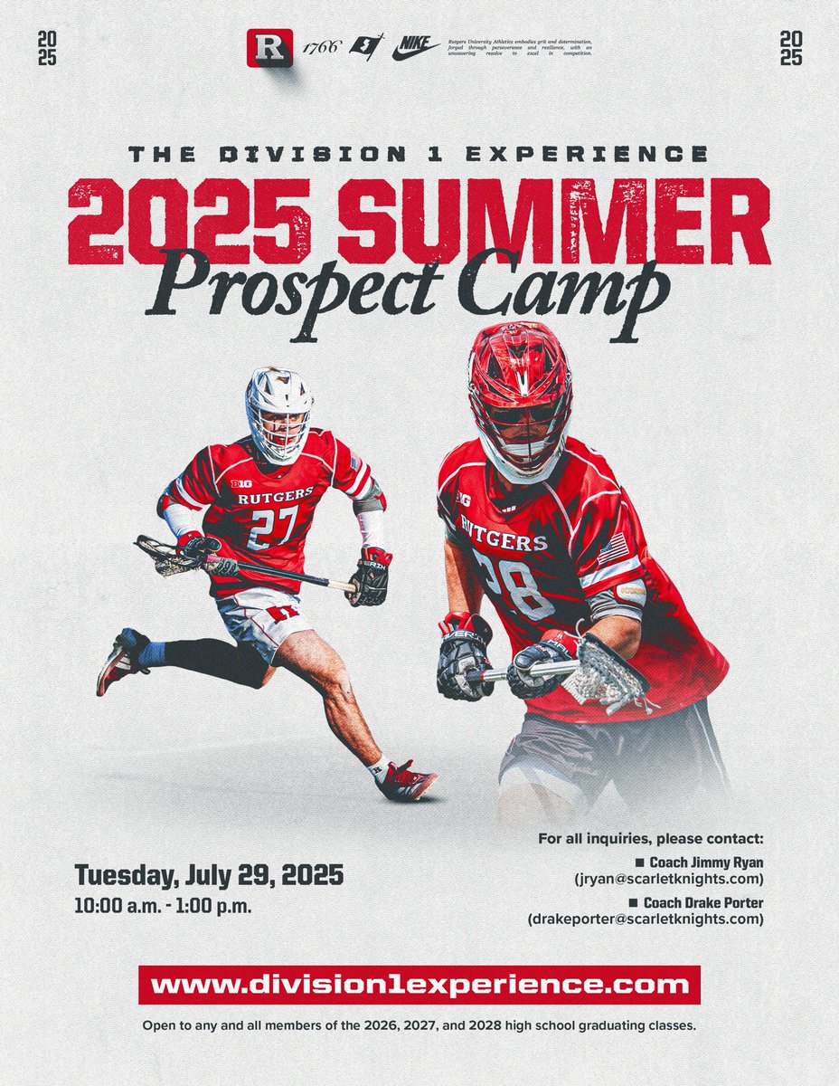 RUmlax's tweet image. Spots are still available for R Summer Prospect Camp!
📅: Tuesday, July 29th
Open to members of the 2026, 2027, and 2028 high school graduating classes
🔗: division1experience.leagueapps.com/camps
#RUNext
🛡️⚔️