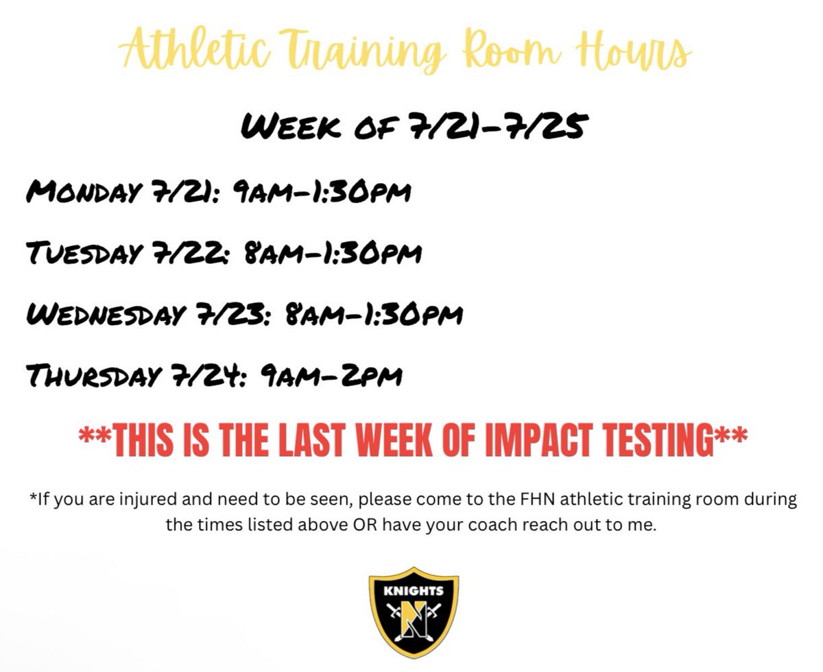 Schedule for 7/21-7/25 AND 🚨🚨Last week of ImPACT testing for Fall Sports🚨🚨
Sign up here: m.signupgenius.com/#!/showSignUp/…