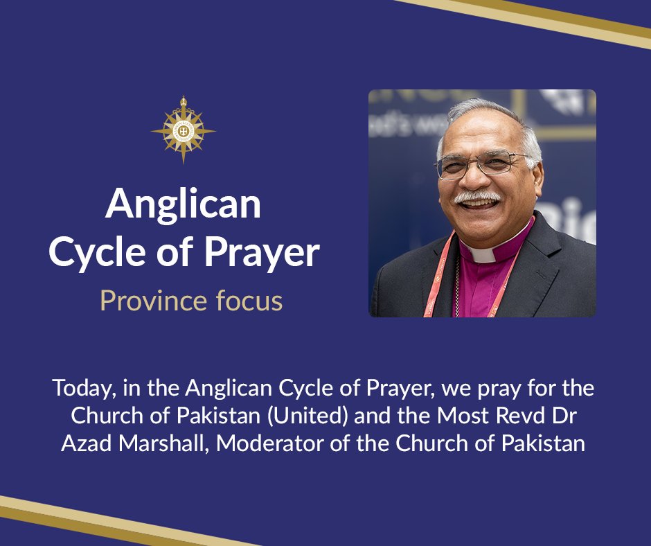 AnglicanWorld's tweet image. Today, in the Anglican Cycle of Prayer, we pray for the Church of Pakistan (United) and its Primate, the Most Revd Dr Azad Marshall, Moderator of the Church of Pakistan.
We pray for all who serve in faith across Pakistan’s eight dioceses—in Faisalabad, Hyderabad, Karachi,…