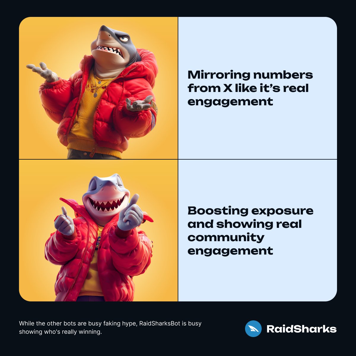 RaidSharks's tweet image. Not all raid bots are built the same.
Other bots? Just mirroring numbers from X API — counting likes, reposts, and replies from randoms.
You can "win" a raid without your community even showing up.
@RaidSharksBot is built different.
Only real community engagement counts — real…