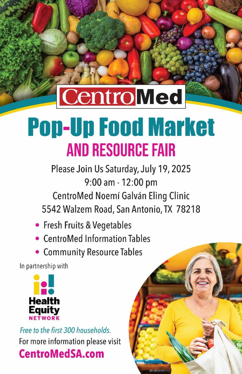 HealthConfianza's tweet photo. Come out on Saturday, July 19 from 9 AM – 12 PM at the CentroMed Noemí Galván Eling Clinic for a fun and healthy morning!
🛍️ Free fruits &amp; veggies (first 300 households)
💡 Health &amp; community resource info
📍 5542 Walzem Rd, San Antonio, TX
#CentroMed #HealthyCommunity https://t.co/axY0Cmef6p