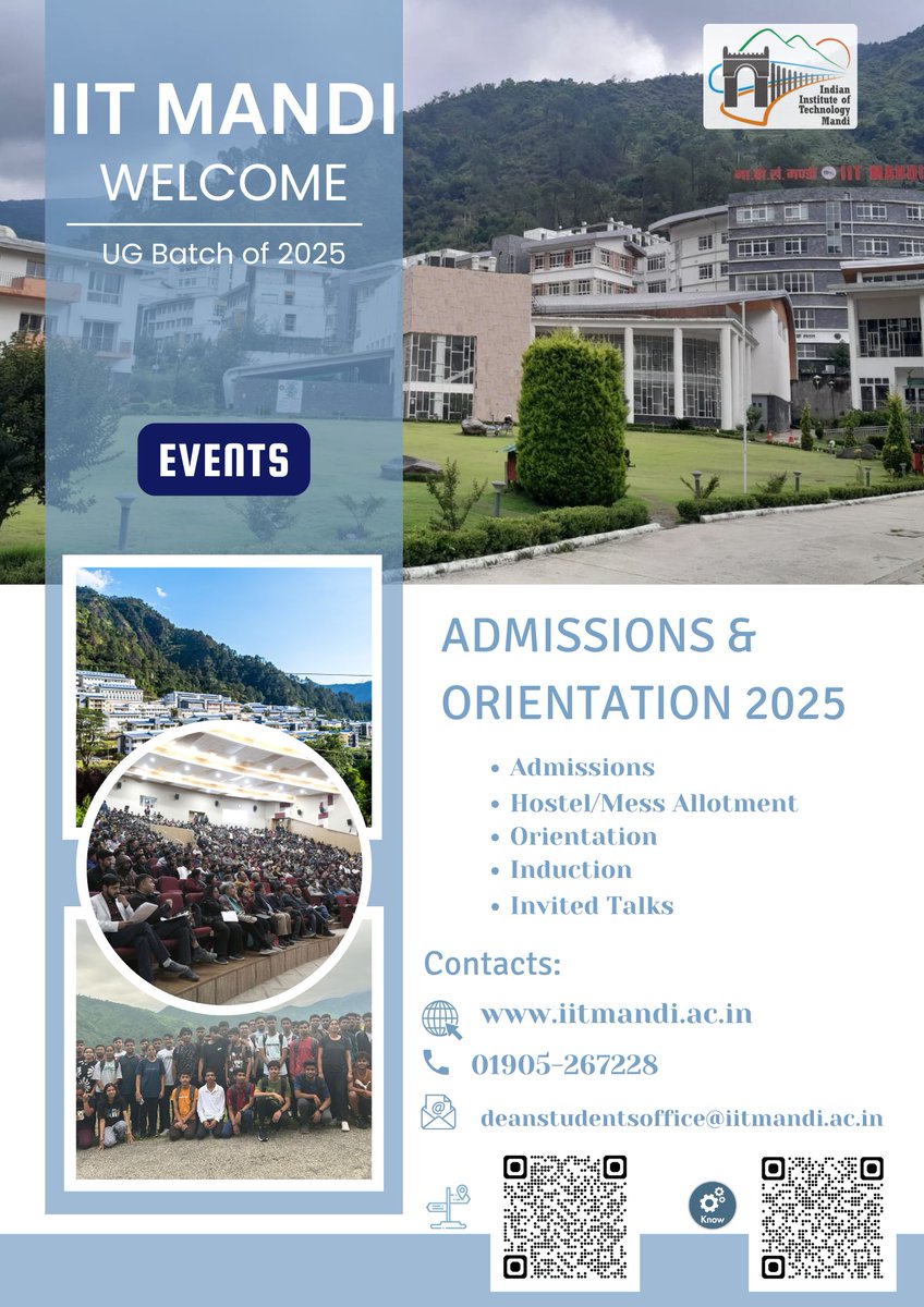 iit__mandi's tweet image. 🎉IIT Mandi will be conducting the Orientation Programme for the incoming Undergraduate Batch of 2025 from 30th July to 10th August 2025. We look forward to welcoming our new students and guiding them as they begin their academic journey. 💫 #IITMandi #UGOrientation #Welcome2025