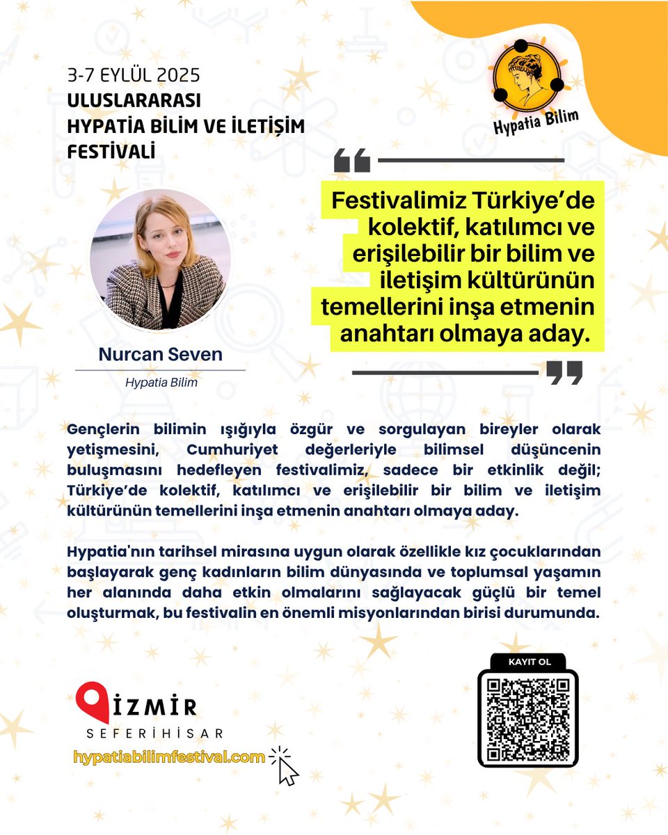 Hypatia Bilim (@hypatiabilim) on Twitter photo 🚀 “Festival Öncesi: Kim Ne Diyor?” serimiz başlıyor!
Bu seride, festivalimize yön veren akademisyenler ve bileşenlerden görüşler alıyor, “Bu festival neden önemli?” sorusuna birlikte yanıt veriyoruz.
İlk not, Hypatia Bilim’in kurucusu <a href="/kiziiilsaac/">Nurcan Seven</a> Nurcan Seven’den:
🗣️ 🚀 “Festival Öncesi: Kim Ne Diyor?” serimiz başlıyor!
Bu seride, festivalimize yön veren akademisyenler ve bileşenlerden görüşler alıyor, “Bu festival neden önemli?” sorusuna birlikte yanıt veriyoruz.
İlk not, Hypatia Bilim’in kurucusu <a href="/kiziiilsaac/">Nurcan Seven</a> Nurcan Seven’den:
🗣️
