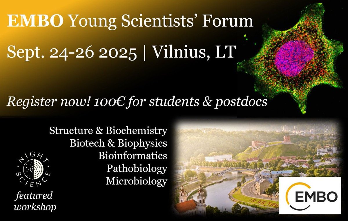 ItaiYanai's tweet image. Dear early career scientists! Why not join us in September in Lithuania’s beautiful capital city for the EMBO Young Scientists’ Forum (EYSF)? We will have have a full Night Science workshop & exciting research sessions. Abstract submission deadline: Aug 1 meetings.embo.org/event/25-eysf