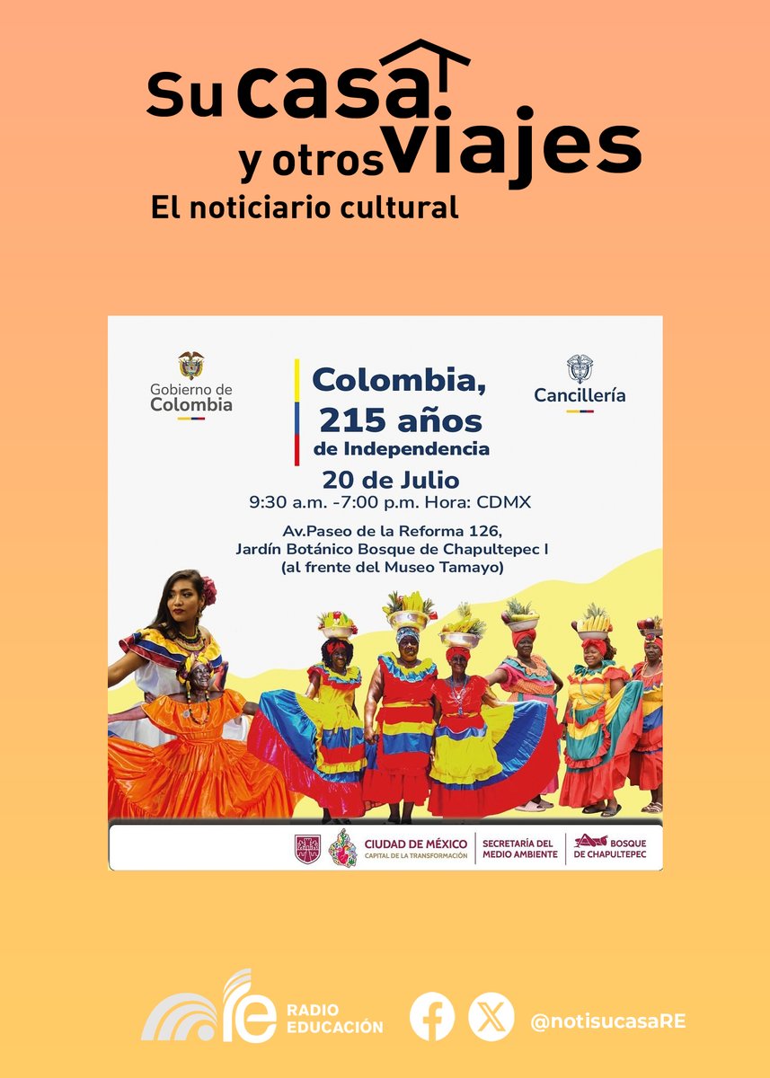 SuCasaYOtrosViajes (@notisucasare) on Twitter photo ¡Celebremos 215 años de la Independencia de Colombia! 🎆🇨🇴
Esta mañana en #SuCasaYOtrosViajes recibimos a <a href="/AlfredoMolanoJi/">Alfredo MolanoJimeno</a> para hablar sobre la celebración de este 20 de julio en el Jardín Botánico del Bosque de Chapultepec. ¡Acompáñanos!
⏰ 9 h
#Cultura965FM y #Cultura1060AM ¡Celebremos 215 años de la Independencia de Colombia! 🎆🇨🇴
Esta mañana en #SuCasaYOtrosViajes recibimos a <a href="/AlfredoMolanoJi/">Alfredo MolanoJimeno</a> para hablar sobre la celebración de este 20 de julio en el Jardín Botánico del Bosque de Chapultepec. ¡Acompáñanos!
⏰ 9 h
#Cultura965FM y #Cultura1060AM