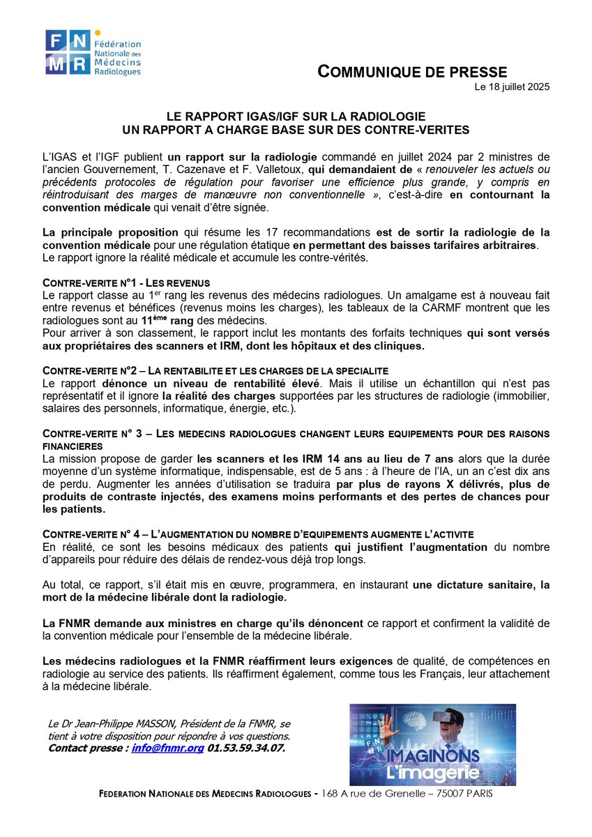 🚨Rapport IGAS/IGF sur la radiologie : un rapport à charge basé sur des contre-vérités !

➡️La FNMR demande aux ministres en charge qu’ils dénoncent ce rapport et confirment la validité de la convention médicale pour l’ensemble de la médecine  libérale.
