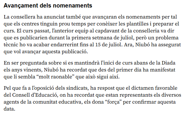El compromís que <a href="/educaciocat/">Educació</a> va agafar per avançar l'inici de curs el 2022 va ser el de publicar les plantilles abans de juliol per donar temps a la preparació. El curs es va avançar però la publicació s'ha anat endarrerint. 
👇 Fragment d'un article de <a href="/socialpuntcat/">Social.cat</a> del 10/04.