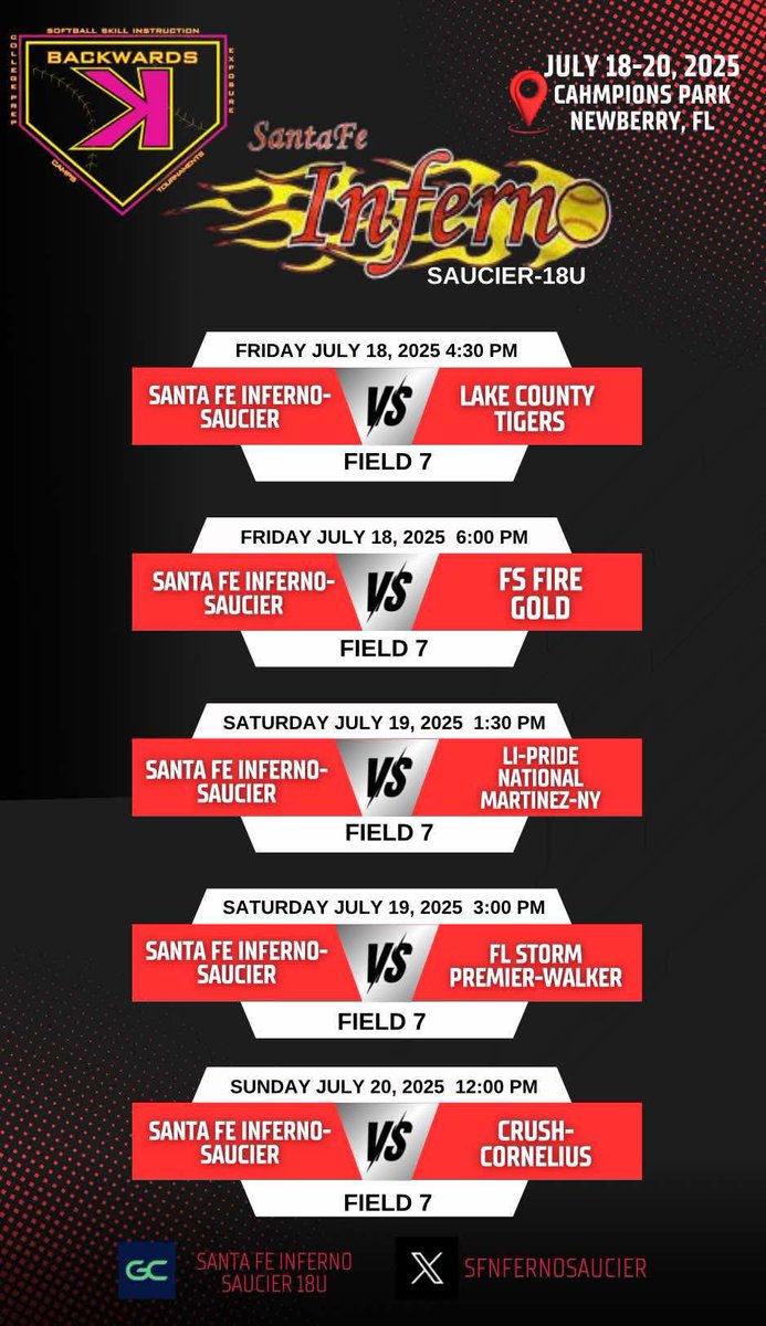 Time changed for our Sunday game here’s the updated schedule. <a href="/sfnfernosaucier/">Santa Fe Inferno Saucier</a> is picking up where we left off last week to finish our summer strong. You’re gonna wanna stop and check us out. <a href="/Shy_Blake/">Shy Nunez</a> <a href="/CorbinWeeks/">Corbin Weeks</a> <a href="/ncfbanyanssb/">NCF Softball</a> <a href="/LottJaneisa/">jj</a> <a href="/LakehawkSB/">Lakehawk Softball</a> <a href="/purepowerpitch/">''Coach Mike'' Ellison</a>