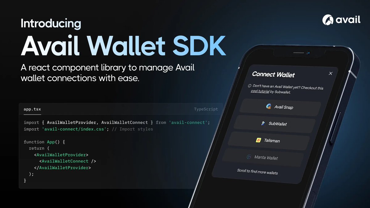 AvailProject's tweet image. The avail-connect SDK is now live! Integrate a sleek, customizable wallet connection into your Avail dApp in minutes
Check out the Demo: avail-connect-sdk-demo.vercel.app
Use the SDK: npmjs.com/package/avail-…
Read the Blog: blog.availproject.org/streamline-dap…
Build faster. Delight your users.