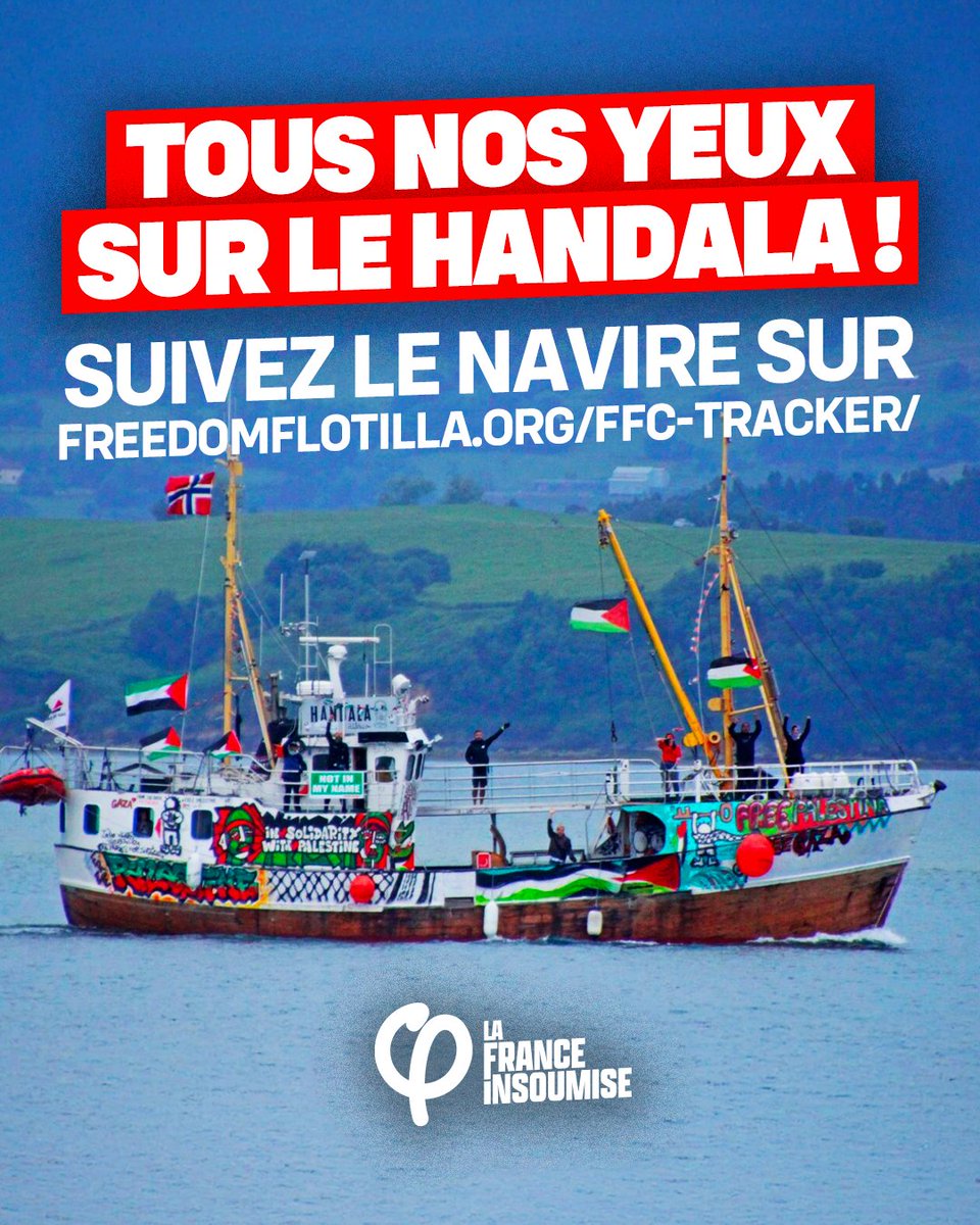 FiAssemblee's tweet image. 🔴⚡️ URGENT : Ce dimanche 20 juillet, la flottille Handala part pour Gaza avec 18 militants pour les droits humains dont notre députée Gabrielle Cathala et eurodéputée Emma Fourreau.
Ils sont l'honneur de l'humanité, ne les quittons pas des yeux : lafranceinsoumise.fr/en-route-vers-…