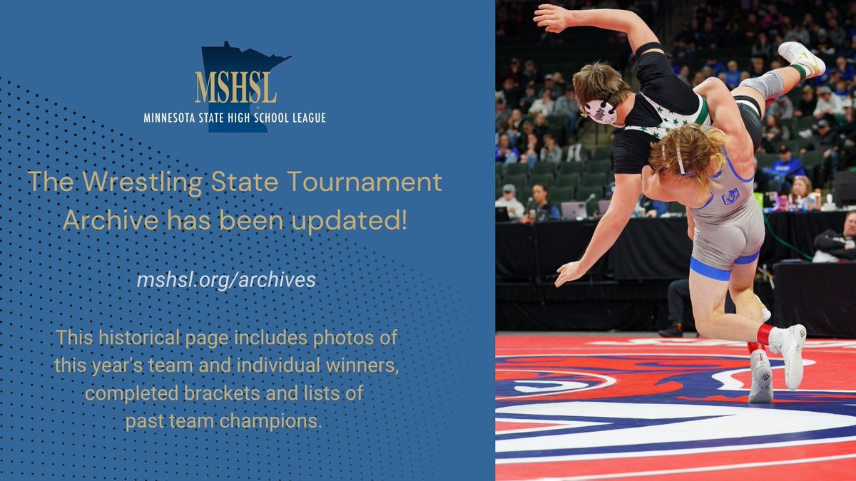 MSHSL's tweet image. Missing the excitement of the Wrestling State Tournament? Check out the 2025 Archive page: mshsl.org/archives
Congratulations again to Staples-Motley, Watertown-Mayer and St. Michael-Albertville!
@SM_CARDS
@WMRoyalsAD
@StmaAd