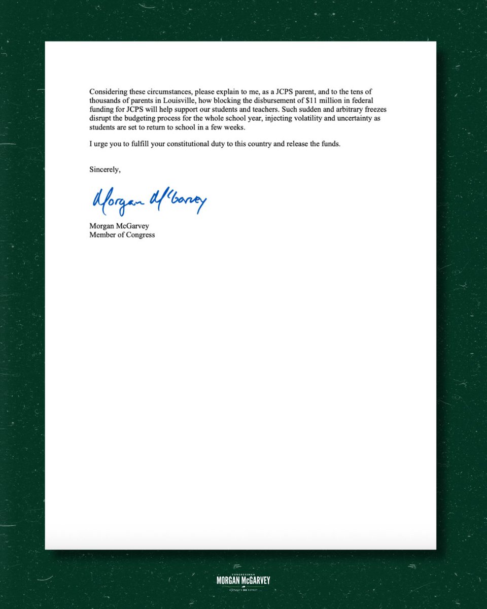 RepMcGarvey's tweet image. Right now, the Trump administration is illegally withholding $11 million intended for our schools in Jefferson County — every JCPS student will suffer as a result.
As Louisville's representative in Congress, and as a JCPS dad myself, I'm demanding they release these funds.