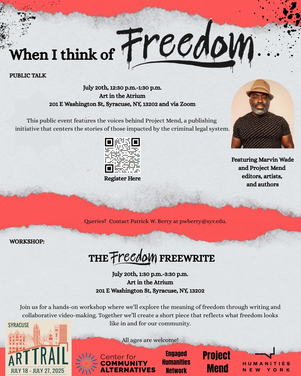 CCA_NY's tweet image. SUNDAY: Join us at 12:30pm at Art in the Atrium in Syracuse for "When I Think of Freedom," a public event featuring the voices behind Project Mend, a publishing initiative that centers the stories of those impacted by the criminal legal system. You'll hear powerful readings from…