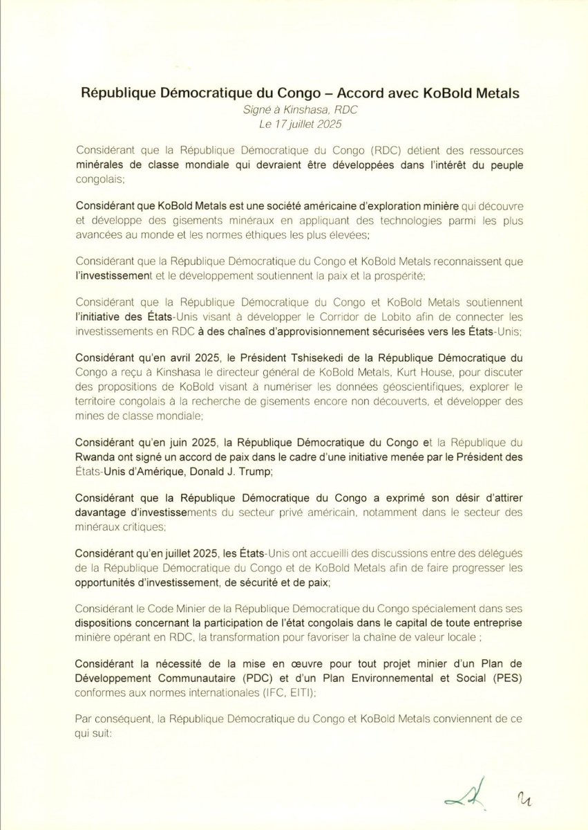 KoBold_Metals's tweet image. KoBold Metals et la République Démocratique du Congo ont signé un accord global permettant à l’entreprise de piloter une vague d’investissements américains dans le pays, dans le cadre de l’accord sur l’investissement et la sécurité porté par @Presidence_RDC et @POTUS