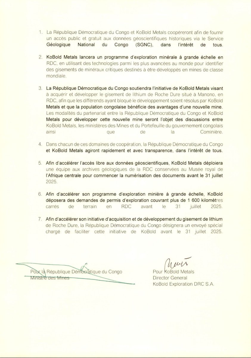 KoBold_Metals's tweet image. KoBold Metals et la République Démocratique du Congo ont signé un accord global permettant à l’entreprise de piloter une vague d’investissements américains dans le pays, dans le cadre de l’accord sur l’investissement et la sécurité porté par @Presidence_RDC et @POTUS