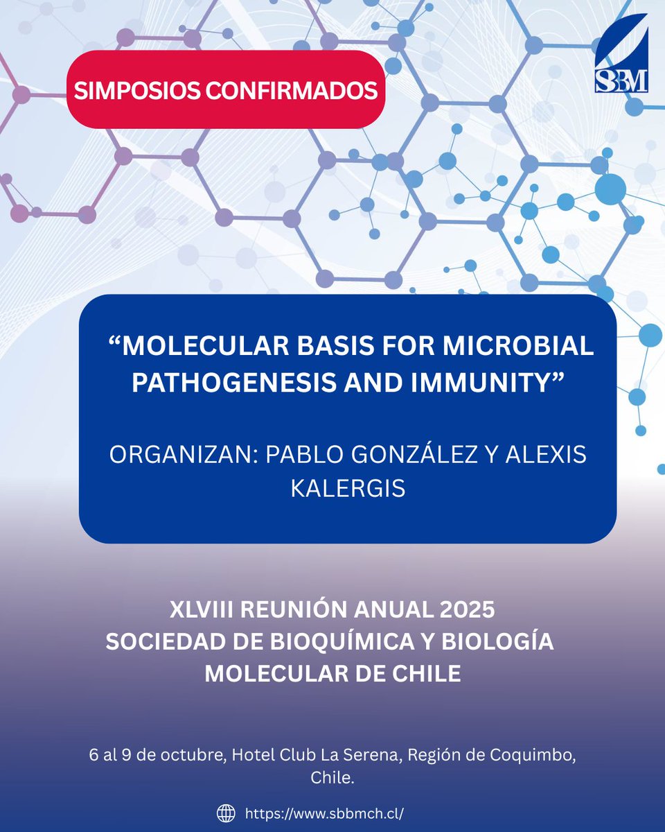 Sbbm_cl's tweet image. 🔬 ¡Nuevo simposio confirmado! Este se viene con todo: &quot;Molecular basis for microbial pathogenesis and immunity&quot; 🦠.

👀 Sigue atento/a, porque aún quedan más sorpresas del encuentro por revelar.

📅 6 al 9 de octubre 2025. 

¡Pronto inscripciones! 

 🔗sbbmch.cl