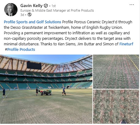 ProfileGolf's tweet image. Huge thanks to Gavin Kelly for showcasing Profile Porous Ceramic + DryJect tech at the legendary Twickenham @AllianzStadium! 🏟️🌱
Proud to see our solutions making a difference on elite turf.
linkedin.com/posts/gavinkel…