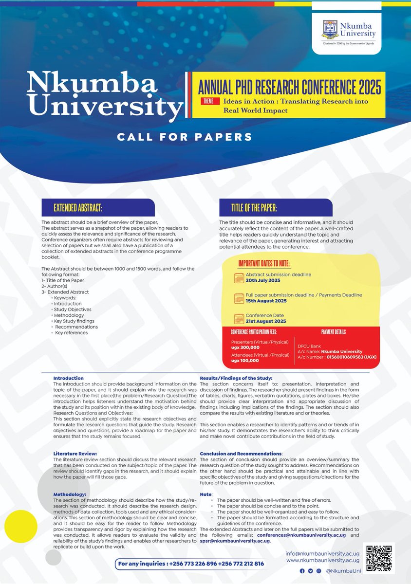 NkumbaUni's tweet image. The Directorate of Postgraduate Studies & Research is inviting researchers to submit papers for the 2025 annual PhD Research Conference, scheduled to take place on 21st August 2025.
Theme, "IDEAS IN ACTION: TRANSLATING RESEARCH INTO REAL-WORLD IMPACT."
#I_Owe_You