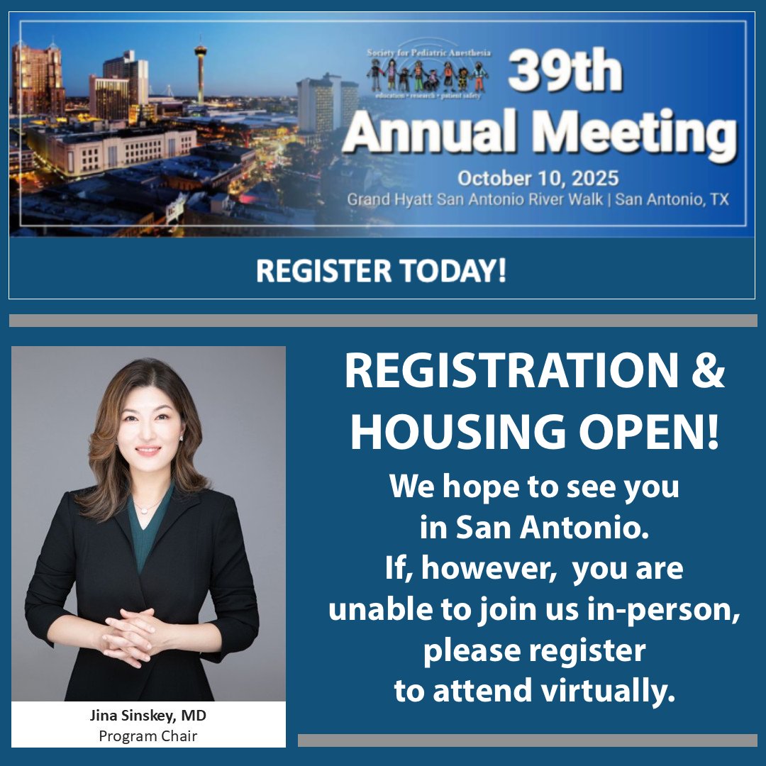 PediAnesthesia's tweet image. Join us for the SPA 39th Annual Meeting, October 10, 2025, at the Grand Hyatt San Antonio River Walk, in San Antonio, TX. This meeting will also be a hybrid (in-person and virtual) format meeting.
Learn more: ow.ly/zvMf50WrtFs
#PedsAnes25 #PedsAnes #PediatricAnesthesia
