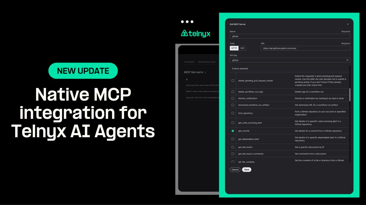 Telnyx AI Agents now support native MCP server integration. Connect directly to public APIs without extra tooling, simplify your stack, and ship voice-enabled AI Agents faster.

🔗 telnyx.com/release-notes/… 

#AIAgents #ConversationalAI #MCP