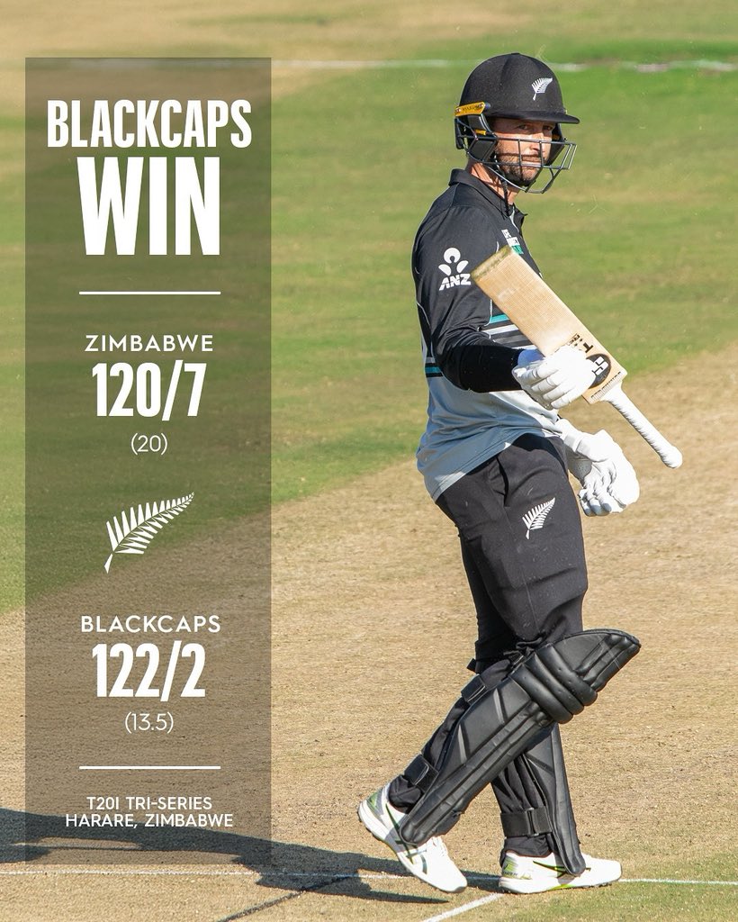 BLACKCAPS's tweet image. Two from two! An 8-wicket win, guided home by Devon Conway’s 59*. Scorecard | on.nzc.nz/3IuCvOJ Highlights on @ThreeNewZealand 📺 #ZIMvNZ #CricketNation 📷 = Zimbabwe Cricket