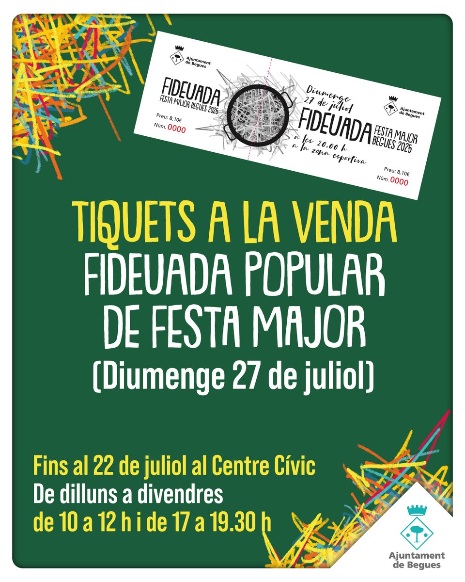 🥘 Si vols degustar la fideuada popular de la #FMBegues, vine avui, dilluns o dimarts a les nostres instal·lacions a comprar-ne el tiquet (8,10 €) 🎟️

😋 El tiquet inclou fideuada de calamars amb llagostins i musclos, allioli, beguda, pa, gelat i préssec de #Begues.