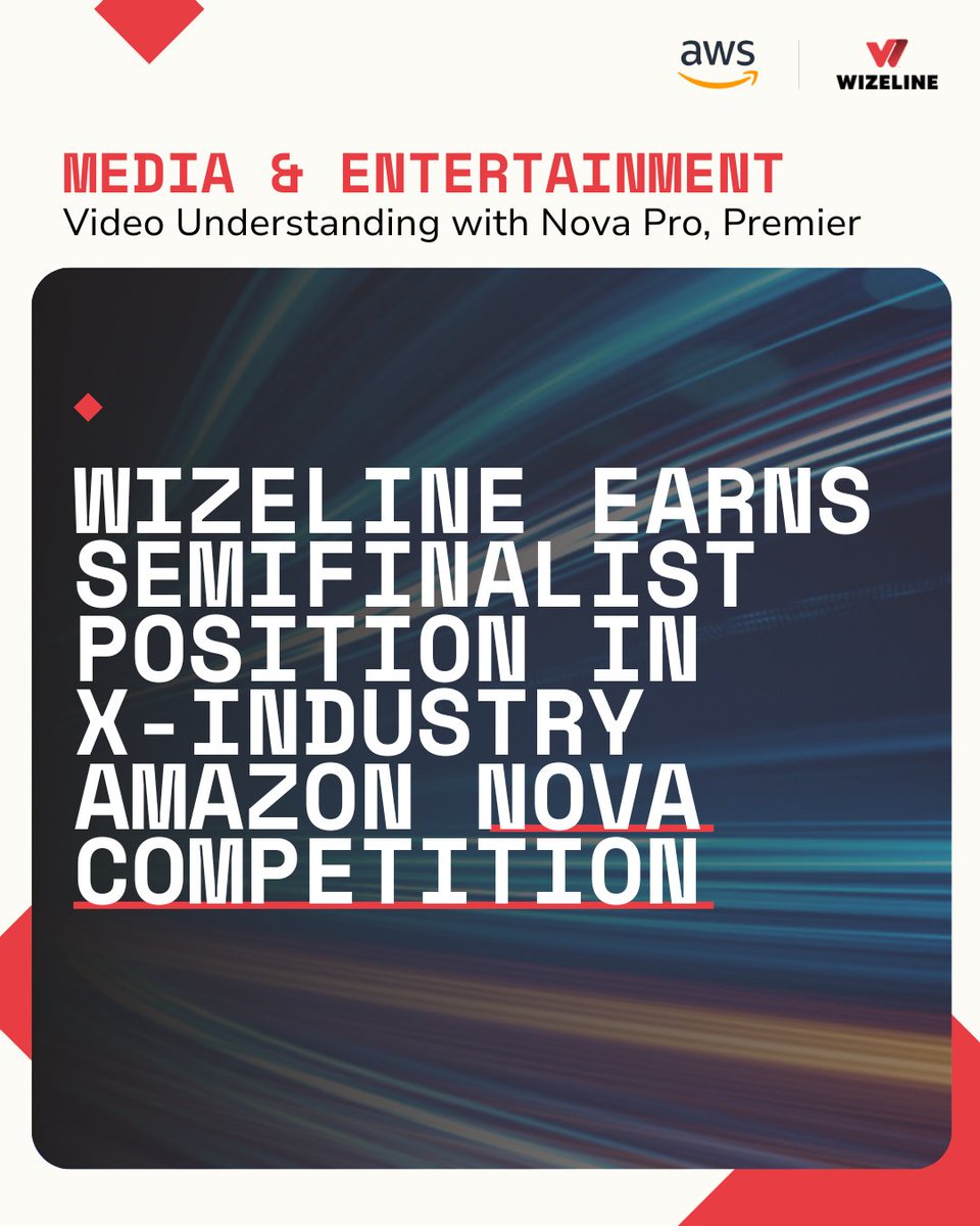 wizelineglobal's tweet photo. Wizeline has been named a semifinalist in the 2025 Amazon Nova Partner Demo Competition for Media &amp; Entertainment. 

Our Wize Media Suite showcases how GenAI can help media companies streamline operations and create scalable impact.

Thank you, AWS!

#AWSPartner #Innovation https://t.co/3eUlm2IkuP