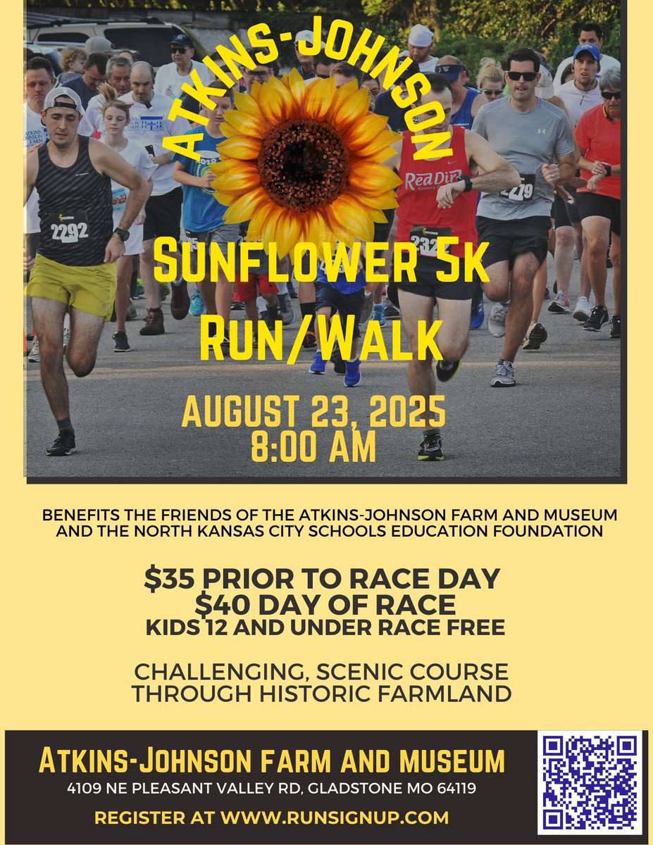 NKCEdFoundation's tweet image. ☀️ Friday vibes = thinking ahead to race day!
The Sunflower 5K is coming up fast—Saturday, Aug 23 at Atkins-Johnson Farm! 🌻
Fun, fitness, and fresh air!
🎽 All ages welcome
🎉 Family-friendly
👉 Sign up: buff.ly/4qIaC10
#LightingTheWay #WeCreateBrightFutures