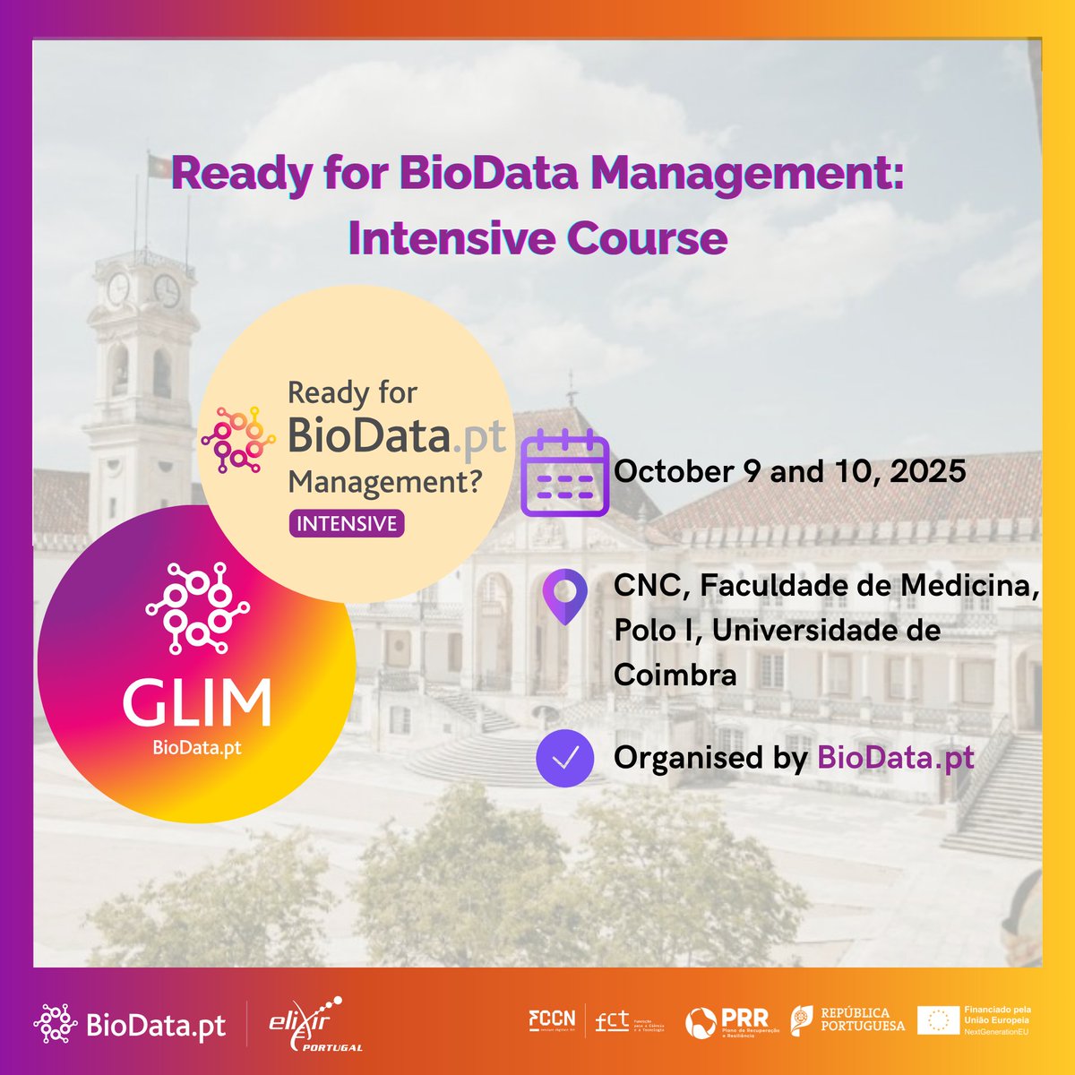 Registration open for Ready for BioData Management? Intensive course in Coimbra!
📅 9-10 Oct 2025
📍 CNC, Univ. of Coimbra
🛠️ Galaxy • Dataverse • DSW
🎯 For BioData.pt Associate institutions only (max. 32)
🔗 events.biodata.pt/event/11/
#BioData_pt #GLIM_Biodata #RDM