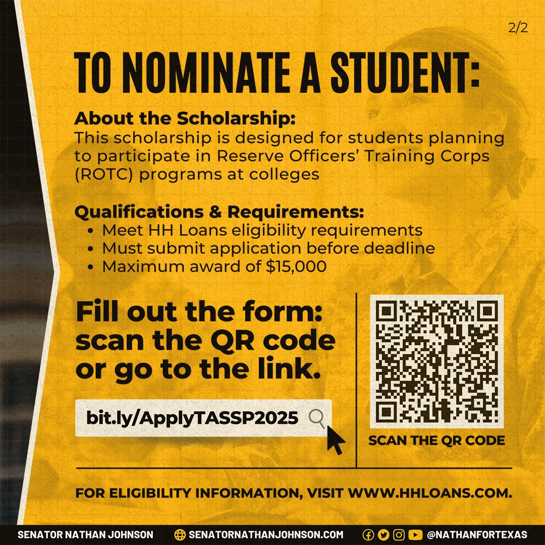 NathanForTexas's tweet image. The Texas Armed Services Scholarship Program (TASSP) is accepting nominations for the 2025–2026 academic year.
If you or someone you know is interested in a nomination from my office, be sure to complete the application by Friday, August 15, 2025: bit.ly/ApplyTASSP2025
Want…