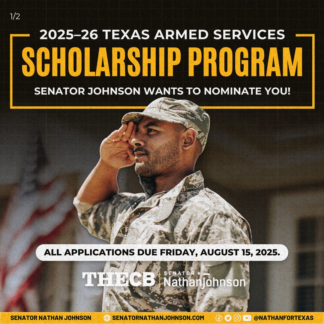 NathanForTexas's tweet image. The Texas Armed Services Scholarship Program (TASSP) is accepting nominations for the 2025–2026 academic year.
If you or someone you know is interested in a nomination from my office, be sure to complete the application by Friday, August 15, 2025: bit.ly/ApplyTASSP2025
Want…