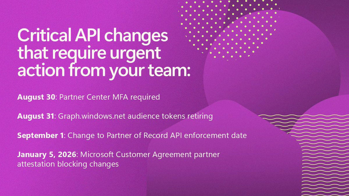 msPartner's tweet image. 📢 Critical API updates are coming, and deadlines are approaching. Make sure your technical teams have what they need to stay ahead!
Get details on timelines and prep resources: msft.it/6017S7VDW