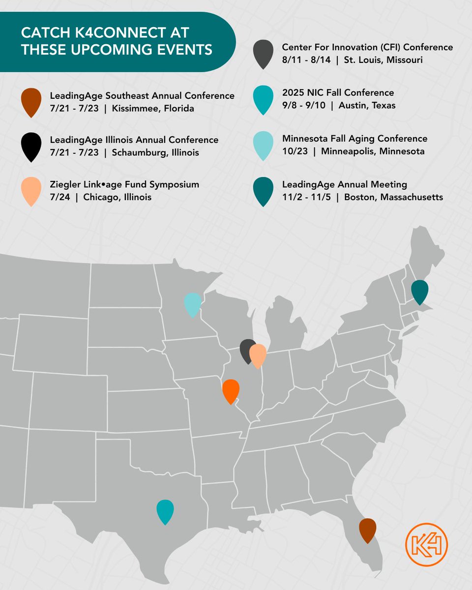 📍 Catch K4Connect on the Road!
We’re hitting the road this fall and would love to connect with you in person. Whether you're focused on innovation, care delivery, or risk management—we’ll be at some of the industry’s top events!