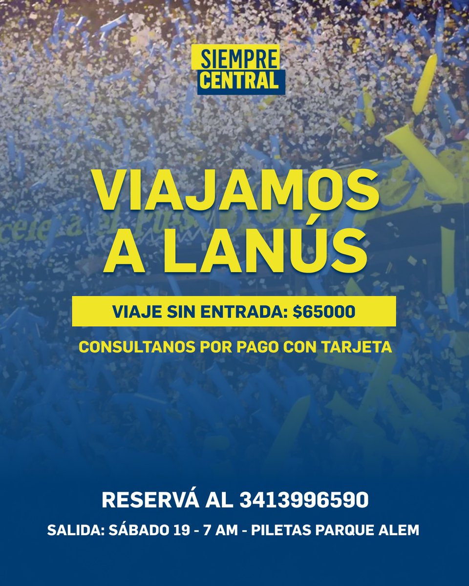 _SiempreCentral's tweet photo. @ArroyitoRC Nos quedan los últimos lugares 🇺🇦  Se puede pagar con tarjeta 😉

🚌 Costo: $65000 (no incluye entrada)

📱 Reservas al: 3413996590
📍 Salimos el sábado a las 07:00 hs desde las piletas del Parque Alem. https://t.co/1W4cqWtA5k