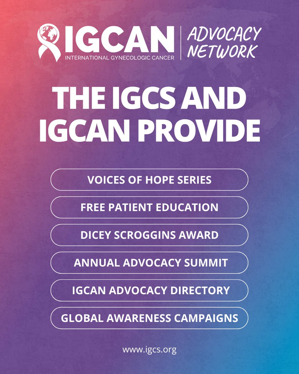 IGCSociety's tweet image. 🌍 Through the IGCS & the International Gynecologic Cancer Advocacy Network (IGCAN), we’re proud to support a global community of survivors, advocates, and caregivers.
Join the movement and help us amplify gynecologic cancer advocacy around the world 💜
🔗 Learn more at…