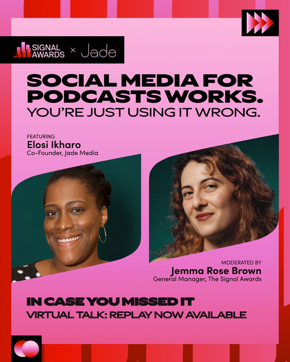 signalawards's tweet image. Missed our convo with Jade Media & Signal Awards GM Jemma Brown?
🔥 Highlights:
– Be a 360° brand: visuals, voice & message all aligned
– Green screen your episode art + talk to camera
Full of gems for podcasters.
#SignalAwards #SocialMediaForPodcast vist.ly/3yctb