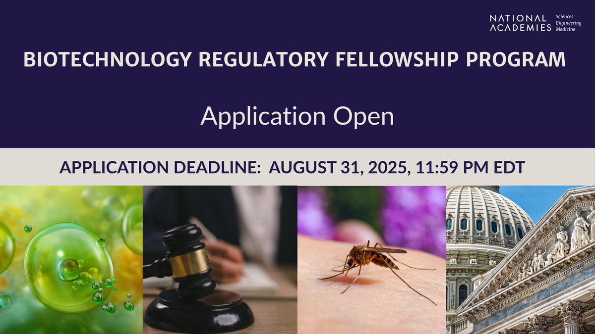 NASEM_BioRegFS's tweet image. Don't forget! The application for 2026 Biotechnology Regulatory Fellowship is open. Start your journey into biotechnology regulation with this full-time, hands-on opportunity.
Apply now - ow.ly/3qur50Wh4g5
#BiotechnologyFellowship #RegulatoryPolicy #ApplyNow #Fellowship