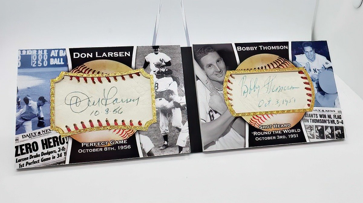 tanmanbbfan's tweet image. I took a baseball that was signed by Larsen and Thomson to create this booklet to commemorate their postseason feats!
#collect #thehobby #baseballcards #whodoyoucollect #dodgers #yankees #donlarsen #bobbythomson #1of1 #oneofone #tanmanbaseballfan