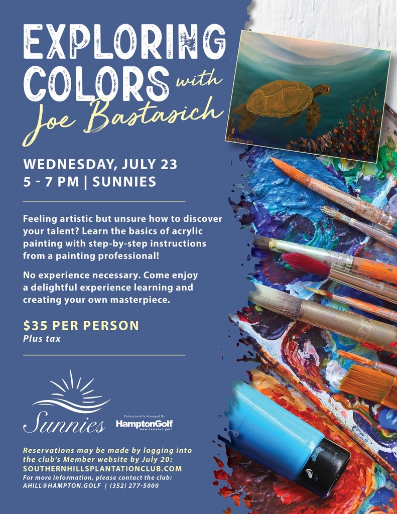 SouthernHillsPC's tweet photo. 🐢 Exploring Colors with Joe Bastasich
Wednesday, July 23 // 5 - 7PM // Sunnies

𝗥𝗲𝘀𝗲𝗿𝘃𝗮𝘁𝗶𝗼𝗻𝘀 𝗺𝗮𝘆 𝗯𝗲 𝗺𝗮𝗱𝗲 𝗯𝘆 𝗹𝗼𝗴𝗴𝗶𝗻𝗴 𝗶𝗻 𝘁𝗼 𝘁𝗵𝗲 𝗰𝗹𝘂𝗯’𝘀 𝗠𝗲𝗺𝗯𝗲𝗿 𝘄𝗲𝗯𝘀𝗶𝘁𝗲 𝗯𝘆 𝗝𝘂𝗹𝘆 𝟮𝟬: https://t.co/34gpfwuFOZ https://t.co/MlQwPhsuZw