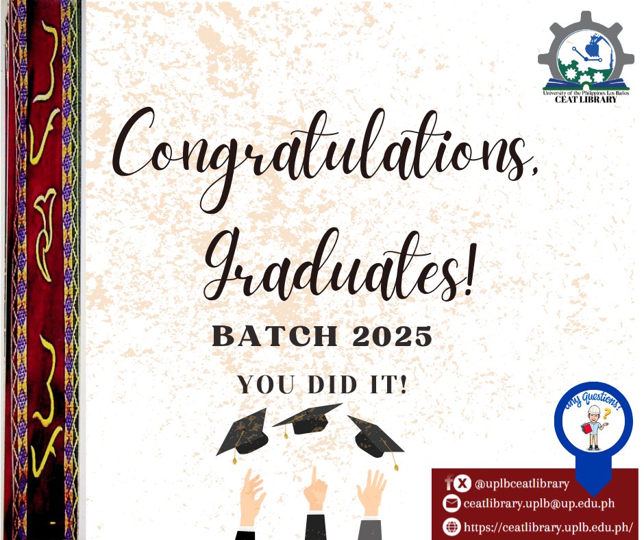 uplbceatlibrary's tweet photo. 𝘾𝙤𝙣𝙜𝙧𝙖𝙩𝙪𝙡𝙖𝙩𝙞𝙤𝙣𝙨, 𝘽𝙖𝙩𝙘𝙝 2025 𝙂𝙧𝙖𝙙𝙪𝙖𝙩𝙚𝙨! 🎉🎉🎉

Your dedication has paid off, and a bright future lies ahead. 😍

#CEATLibConnect
#LEVIPresents https://t.co/MnAR5VTwVA