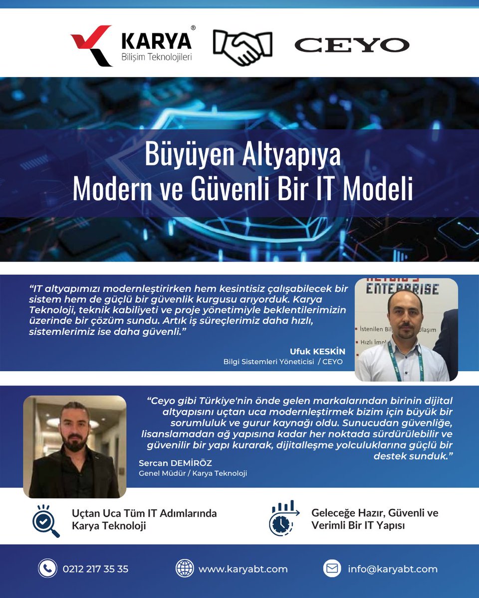 Büyüyen Altyapıya Modern ve Güvenli Bir IT Modeli
KARYABT &amp; CEYO

info@karyabt.com
0 (212) 217 35 35
karyabt.com

karyabt.com/wp-content/upl…

#SizinleBüyüyorBeraberGüçleniyoruz #Ceyo #KaryaTeknoloji #KaryaBT #DijitalDönüşüm #Sunucu #Firewall #Backup #Microsoft365 #IT